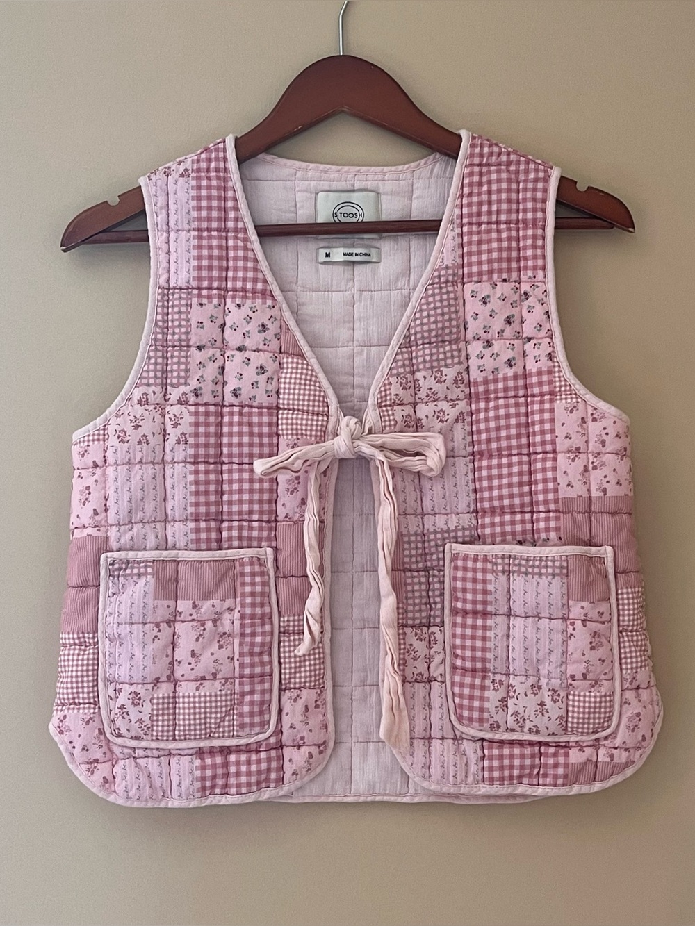 Stoosh Women’s Asian Style Quilted Floral Check Vest With Tie And Pockets Size M